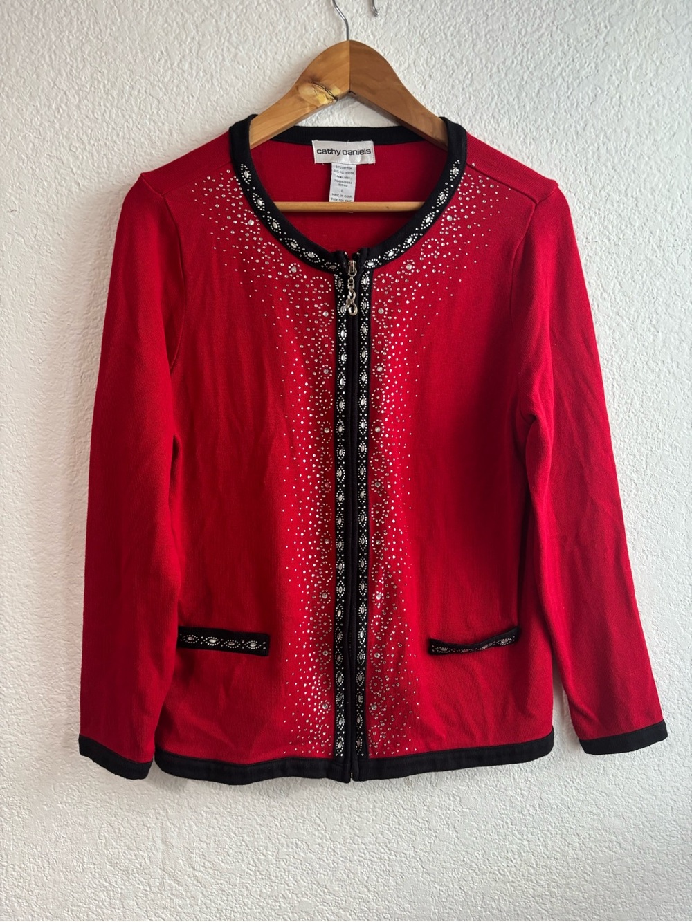 Cathy Daniels Red Embellished Zip-Front Jacket Large